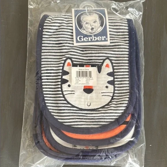 Gerber Cat Face Bib Set - Navy, White, and Orange - Picture 2 of 4